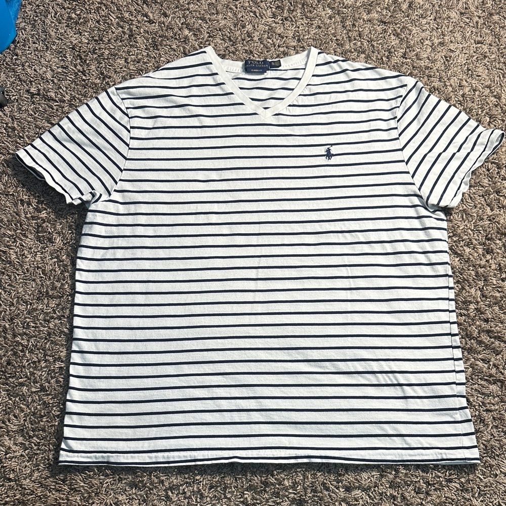 Polo Ralph Lauren Black and White Striped V-Neck Tee